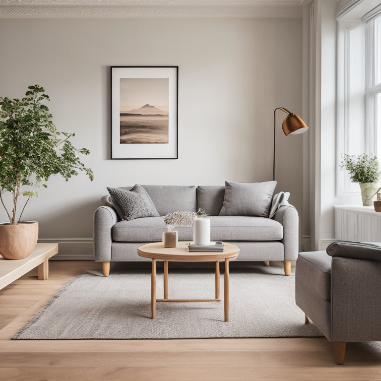 A serene, minimalist living room in a small apartment with a plush gray sofa, a compact coffee table, and a few, carefully selected decorative pieces against a backdrop of crisp white walls and polished wood floors.