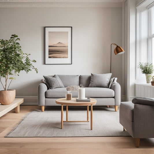 A serene, minimalist living room in a small apartment with a plush gray sofa, a compact coffee table, and a few, carefully selected decorative pieces against a backdrop of crisp white walls and polished wood floors.