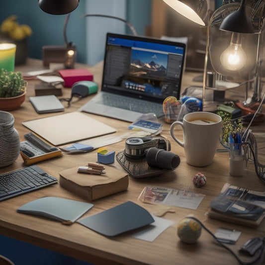 A cluttered desk with a laptop, scattered papers, and a partially hidden calendar, surrounded by toys, coffee cups, and a tangled mess of earbuds and chargers.