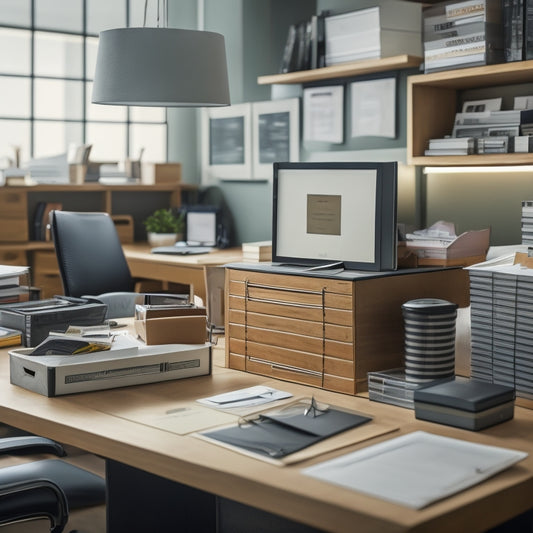 A cluttered office desk transforms into a tidy workspace, with Bankers Box storage solutions in the background, featuring stacked boxes, labeled files, and a few organized office supplies on a sleek, modern desk.