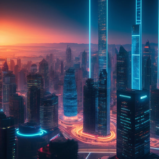 A futuristic cityscape at dusk with sleek skyscrapers and neon lights, featuring a giant smartphone screen displaying a download progress bar, surrounded by swirling circuits and binary code patterns.