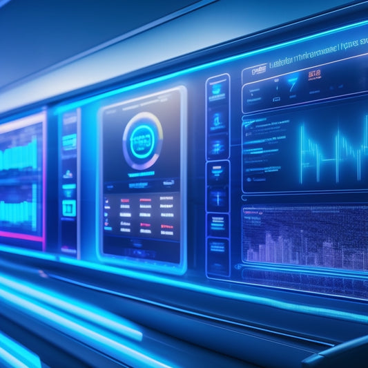 A futuristic dashboard with glowing blue lines and neon-lit graphs, surrounded by sleek, metallic walls and holographic screens displaying real-time data, with a subtle, pulsing glow effect.