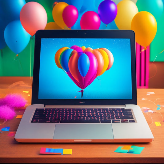 A stylized illustration of a laptop surrounded by confetti and balloons, with a miniature globe in the background, and a subtle grid of screens displaying various online course topics.