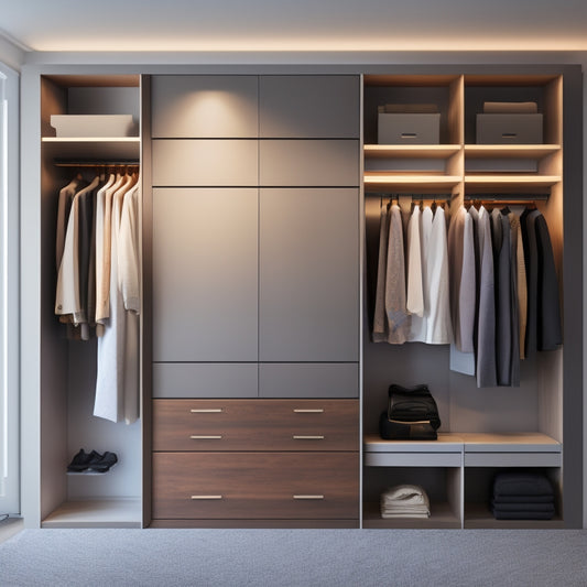 A minimalist, modern closet with a sleek digital display mounted on the wall, showcasing a virtual clothing rack, paired with a few, neatly organized physical garments on shelves and in drawers.