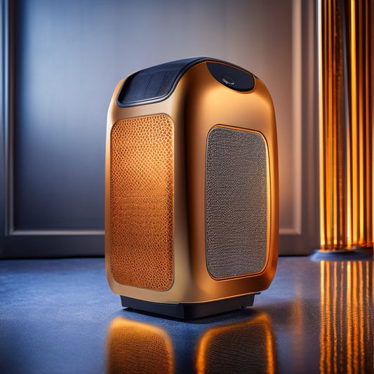 A sleek, high-angle view of a Thermo Top Pro 150 heater, with gleaming metallic surfaces and intricate details, set against a dark, gradient background, surrounded by faint, swirling heat waves.