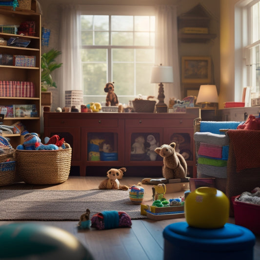 A warm, well-lit playroom with toys and books overflowing from stacked plastic bins, shelves, and woven baskets, amidst a backdrop of a large, busy family in the distance.