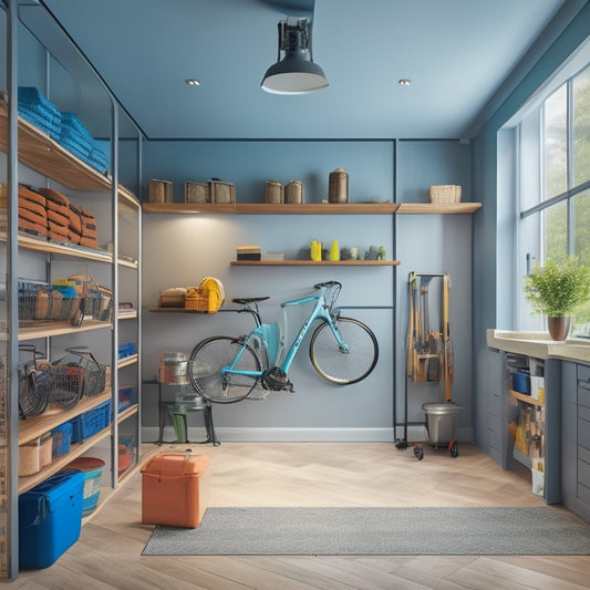 An illustration of a sleek, modern room with floor-to-ceiling shelves and storage units, showcasing bicycles, tools, and bins suspended from the ceiling, maximizing vertical space.