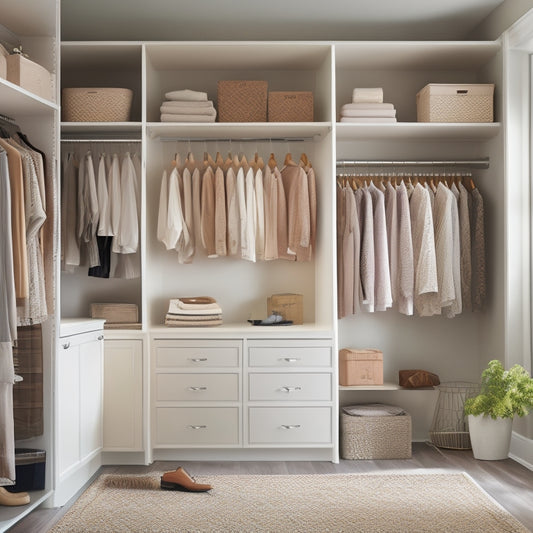 A serene, well-lit bedroom with a floor-to-ceiling Closetmaid shelving system, featuring neatly organized clothing, shoes, and accessories, surrounded by calm beige walls and plush carpeting.