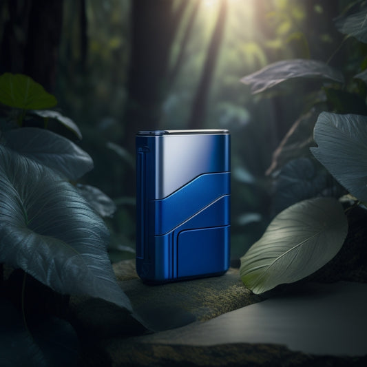 A futuristic, sleek battery with a silver and blue casing, surrounded by lush greenery and a subtle glow, conveying innovation and eco-friendliness, set against a dark blue background.
