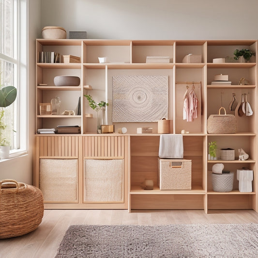 A modern, minimalist room with sleek, built-in shelving and cabinets in a light wood tone, surrounded by neatly organized boxes, baskets, and decorative objects, with a subtle grid pattern in the background.