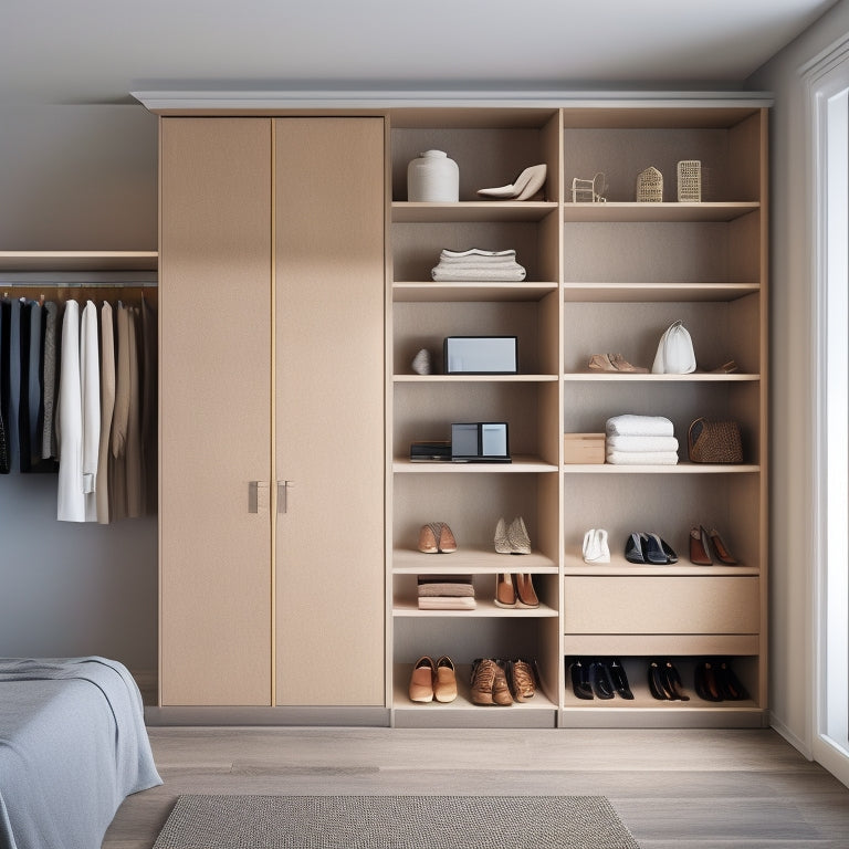 A serene, minimalist closet interior with a sleek, floor-to-ceiling digital wardrobe display screen on one wall, surrounded by neatly organized, matching wooden shelves and drawers.