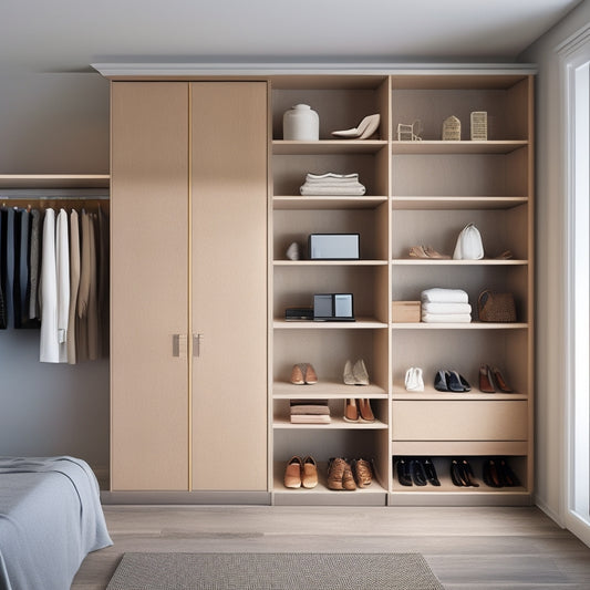 A serene, minimalist closet interior with a sleek, floor-to-ceiling digital wardrobe display screen on one wall, surrounded by neatly organized, matching wooden shelves and drawers.