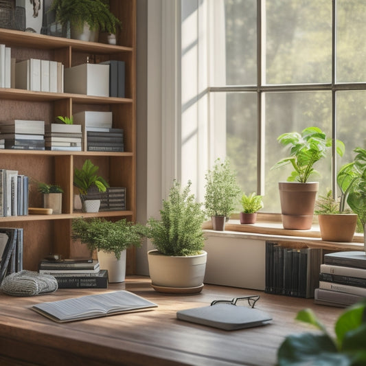 A serene, clutter-free home office with a tidy desk, organized bookshelves, and a few carefully placed decorative plants, illuminated by soft, natural light streaming through a window.