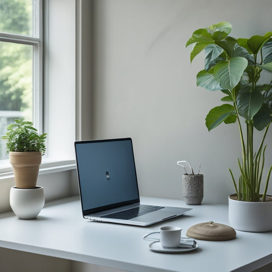 A serene, minimalist workspace with a sleek laptop, a small potted plant, and a few select, color-coded files, set against a calm, light-gray background, with soft, natural light.