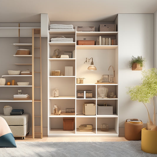 A minimalist, modern, and well-lit tiny room with a murphy bed, sliding ladder, and multi-tiered shelving units, showcasing various storage containers and baskets in a harmonious, clutter-free space.
