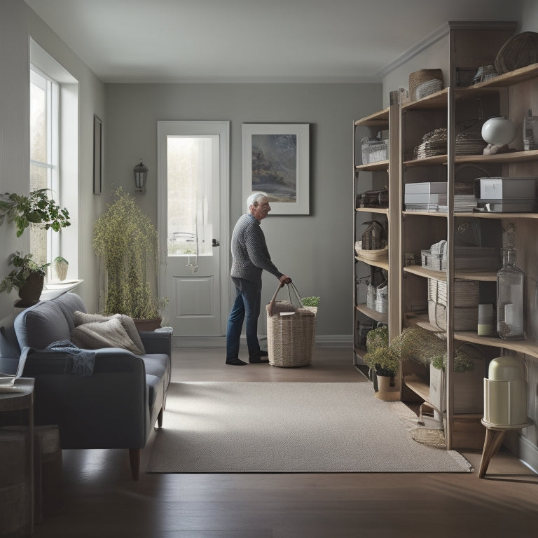 A serene, well-lit living room with a minimalist aesthetic, featuring a senior using a walker, surrounded by labeled storage bins, a simple-to-use calendar, and a clutter-free floor with ample walking space.