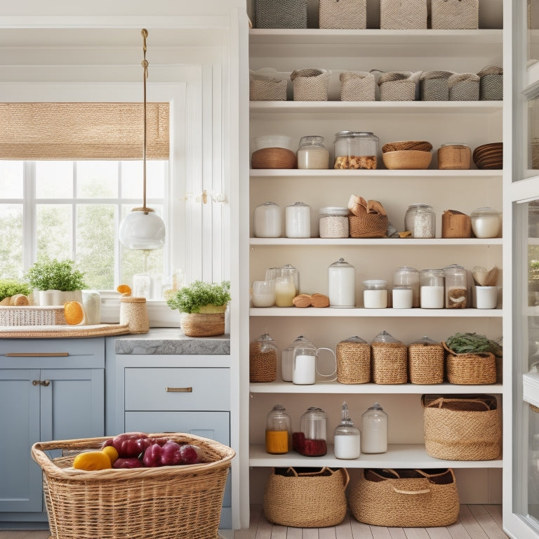 A bright, airy pantry with sleek white shelves, wicker baskets, and glass jars filled with colorful ingredients, surrounded by a few strategically placed decorative items, like a vintage wooden spoon and a potted herb.