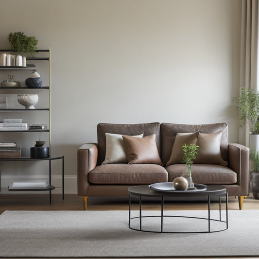 A serene, minimalist living room with a few, carefully selected decorative items, a tidy bookshelf, and a single, leather-bound journal lying open on a sleek, low-profile coffee table.