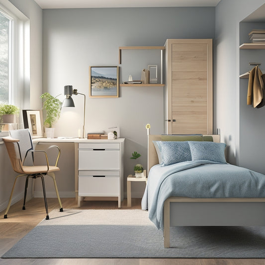 A serene, well-lit bedroom with a sleek, wall-mounted fold-down storage unit, a wheelchair-accessible closet organizer, and a minimalist, adjustable-height desk in the background.