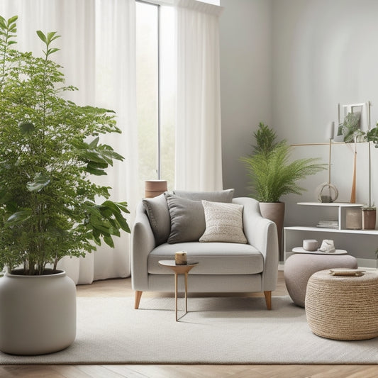 A serene, minimalist living room with a sleek, low-profile storage ottoman in a neutral color, surrounded by neatly arranged decorative objects and a few potted plants on a polished wooden floor.
