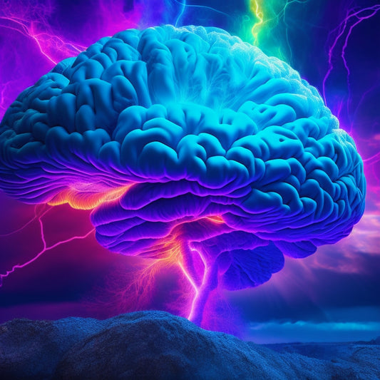 A vibrant, abstract brain with glowing, electric blue neurons and synapses, surrounded by swirling, colorful clouds and radiating lines, conveying creativity, idea generation, and mental expansion.