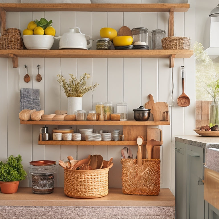 A bright, modern kitchen with a clutter-free countertop featuring a utensil organizer made from a repurposed wooden cutting board, a tiered spice rack, and a woven basket storing cooking utensils.