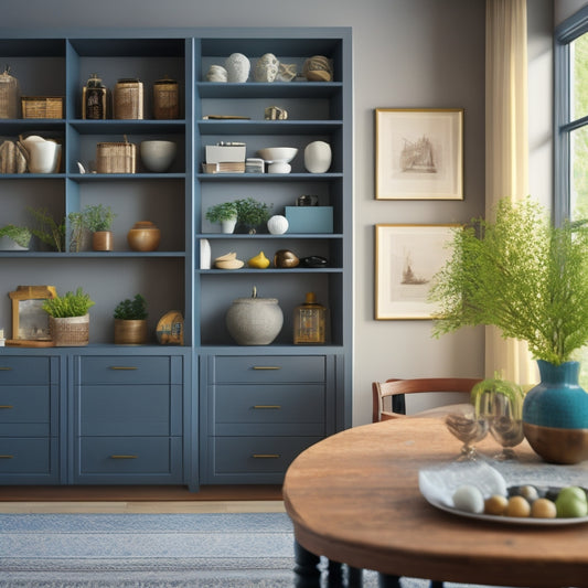 A tidy, modern home interior with a few open shelves and cabinets, showcasing organized storage solutions, with a subtle Elder Scrolls Online game-inspired decorative element in the background.