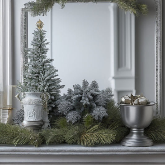 A serene, snowflake-adorned mantel with a tiered decorative vase, 3-4 perfectly wrapped gifts in muted colors, and a few sprigs of fresh evergreen, all reflected in a circular mirror.