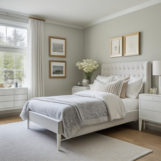 A serene, bright, and airy small master bedroom with a plush white bed, a floor-to-ceiling mirrored closet, and a compact, wall-mounted nightstand with a petite lamp.