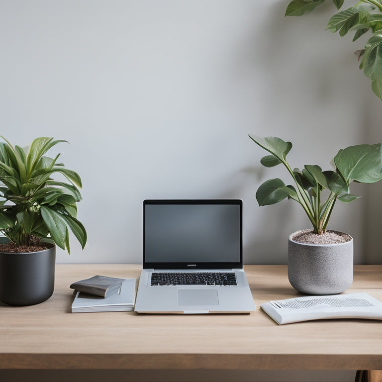 A minimalist workspace with a sleek, silver laptop, a few choice productivity books, and a small, potted plant on a clutter-free, wooden desk against a calm, light-gray background.