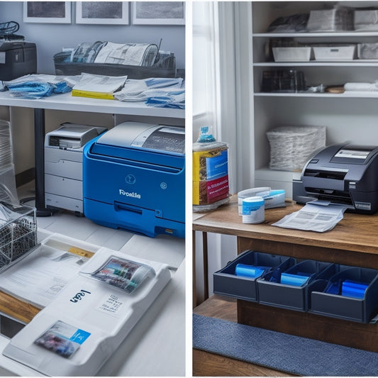 A split-screen image featuring a messy, disorganized workspace with torn label sheets and scattered printer ink cartridges on one side, and a tidy, well-organized space with a high-quality label printer and precise label rolls on the other.