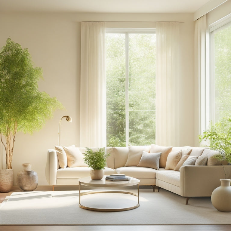 A serene, minimalist room with a plush, cream-colored sectional sofa, floor-to-ceiling windows, and a statement light fixture, surrounded by lush greenery and soft, warm natural light.