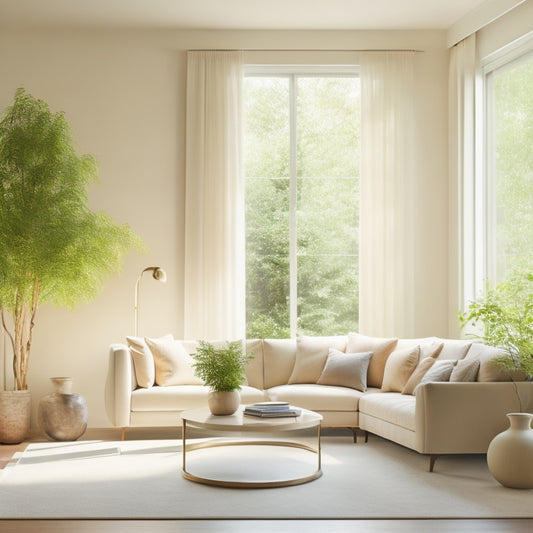 A serene, minimalist room with a plush, cream-colored sectional sofa, floor-to-ceiling windows, and a statement light fixture, surrounded by lush greenery and soft, warm natural light.