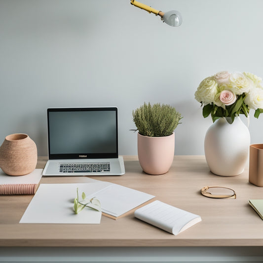 A minimalist desk setup with a wooden laptop stand, a vase with fresh flowers, and a set of pastel-colored labels and a label maker, surrounded by neatly organized folders and papers.