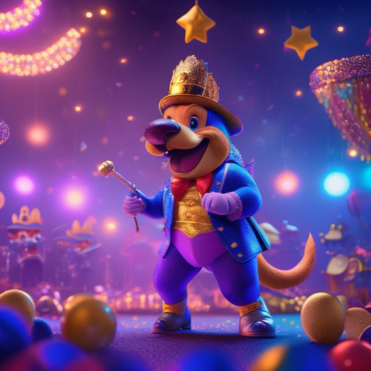 A vibrant, whimsical illustration of Bowser, the King of the Koopas, wearing a glittering blue top hat and holding a microphone, standing on a colorful musical stage surrounded by spotlights and confetti.