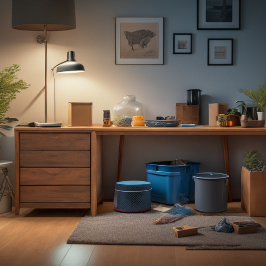 A tidy, well-lit room with a few essential decluttering tools: a trash can, a recycling bin, a label maker, a storage bin, and a donations box, arranged on a minimalist wooden table.