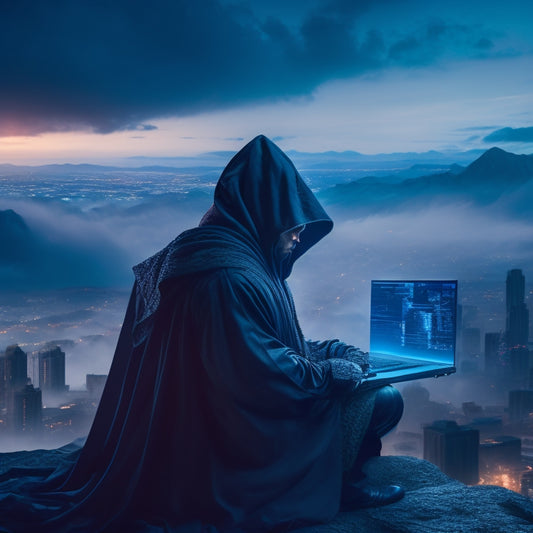 A ninja clad in dark, tattered robes, crouched in front of a glowing computer screen, surrounded by swirling digital clouds and shattered download icons, with a subtle cityscape at dusk in the background.
