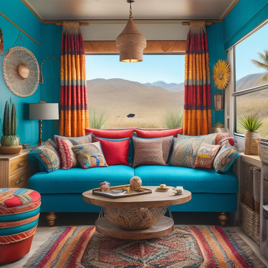 A stylized illustration of a vintage RV's interior, with bold patterns, bright colors, and eclectic decor, featuring a plush sectional sofa, macrame wall hangings, and a statement light fixture.