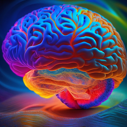 A vibrant, glowing human brain with radiant, swirling patterns emerging from it, surrounded by colorful, curved lines and shapes, forming a dynamic, interconnected network.