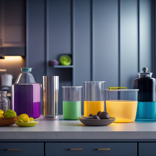 A sleek, modern kitchen countertop with a collection of futuristic, transparent, and colorful containers of various shapes and sizes, stacked and arranged in a visually appealing way.