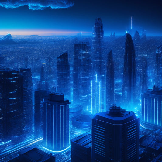 A futuristic, neon-lit cityscape with stylized Azure logos and cloud-shaped skyscrapers, surrounded by orbiting gears, circuits, and binary code patterns, set against a dark blue background with subtle gradient effects.