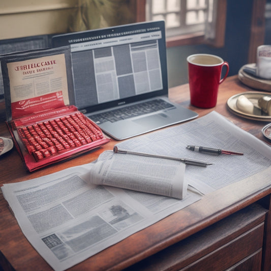 A vintage-style newspaper with a bold, red headline section, surrounded by crumpled up papers and discarded pens, replaced by a single, sleek laptop with a simplified invoice template on the screen.
