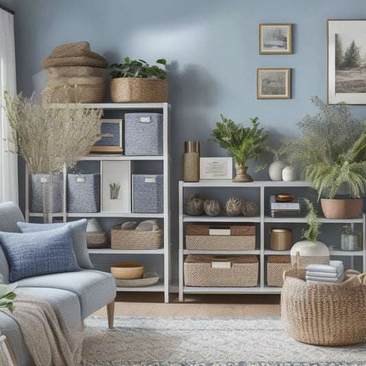 An organized living room with a mix of open shelving, baskets, and drawers in a calming color palette, showcasing a customized storage system with decorative accents and plants.