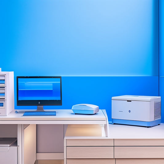 A futuristic, minimalist workspace with a sleek HP LaserJet Pro MFP printer as the centerpiece, surrounded by scattered papers, a laptop, and a few pens, with a subtle gradient blue background.