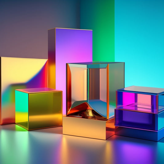 A futuristic, minimalist background with a large, transparent 3D box in the center, surrounded by smaller, colorful 3D boxes of varying sizes, with sleek, metallic accents and soft, glowing edges.