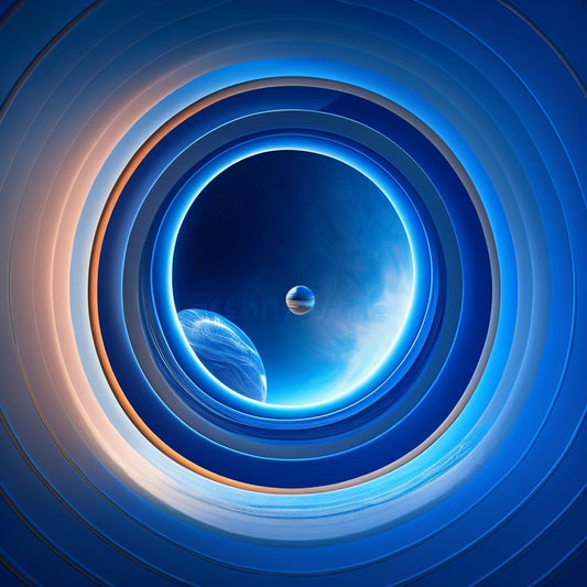 A futuristic, minimalist illustration featuring a sleek, curved pipeline suspended in mid-air, surrounded by orbiting spheres and stylized, swirling vortex patterns, set against a deep blue, starry background.