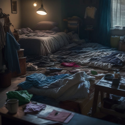 A dimly lit, messy room with scattered clothes, unwashed dishes, and overflowing trash, surrounded by shadows, with a lone, unmade bed in the center, covered in tangled sheets and a single, crumpled pillow.