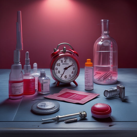 A serene background with a bold, red emergency kit in the center, opened to reveal a glucagon injector, a syringe, and a vial of glucagon, surrounded by a clock and a worried expression on a faint, ghostly figure in the background.