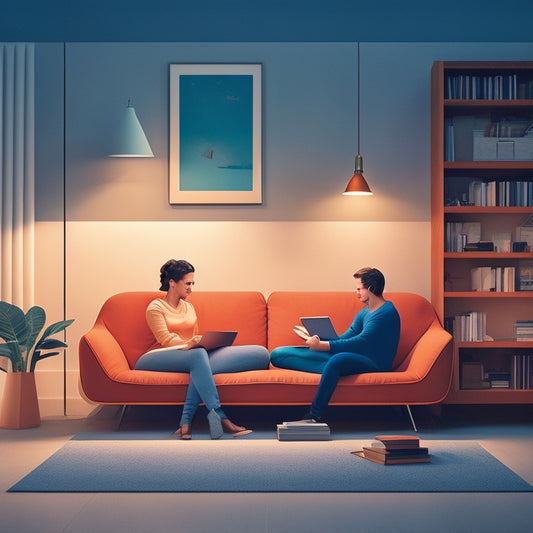 A minimalist illustration featuring a couple sitting on a couch, surrounded by scattered papers, phones, and laptops, with a subtle glow of digital tools and calendars on their screens.