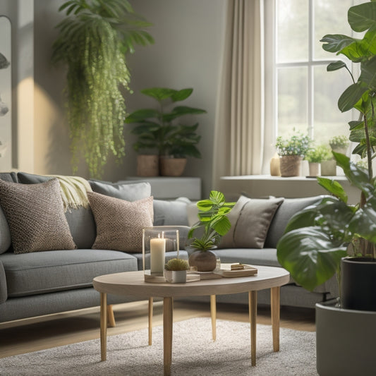 A serene living room with a few, carefully selected decorative items, a tidy couch, and a minimalist coffee table, surrounded by a subtle glow of natural light and a few lush green plants.